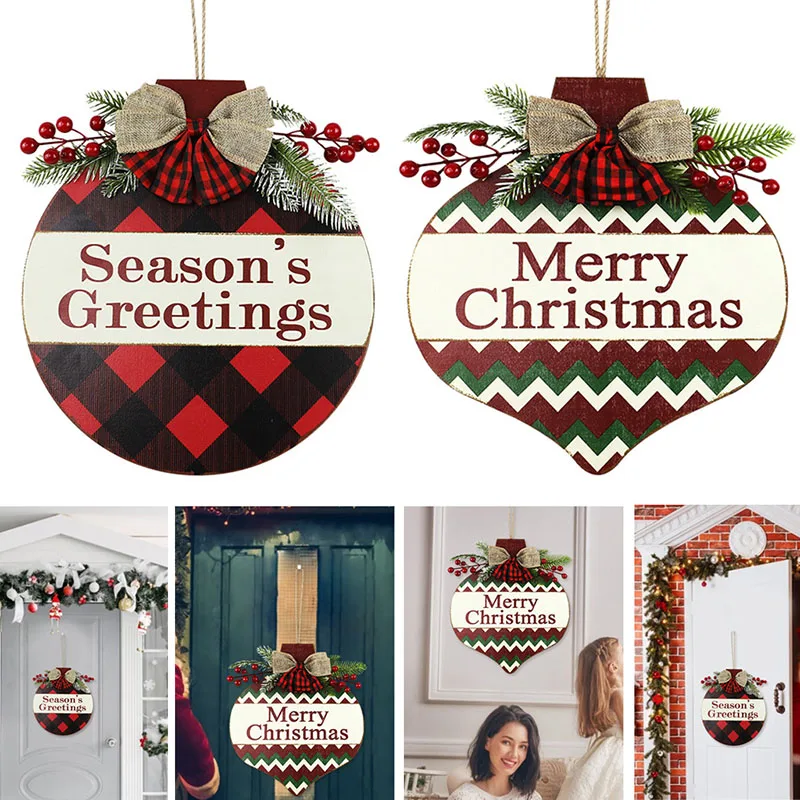 

Christmas Wood Tag Home Wall Doorway Merry Christmas Season's Greeting DIY Berry Bow Decorated Holy Red Fruit Plaid Door Sign