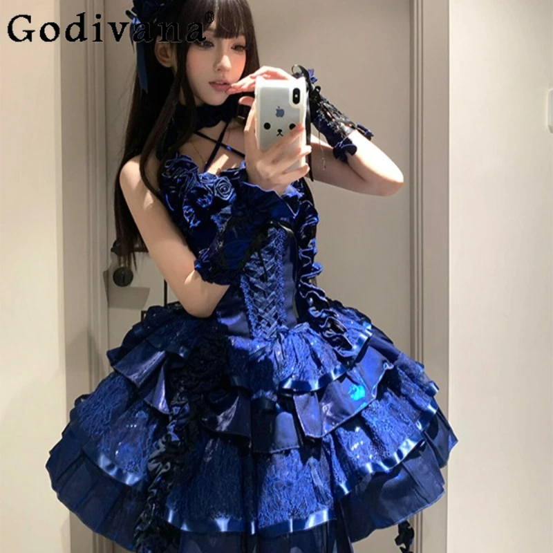 

Black Gothic Lolita Strap Dress for Women Lolita Formal Waist Slimming Dress Female Japanese Style Daily Wear Cake Dress