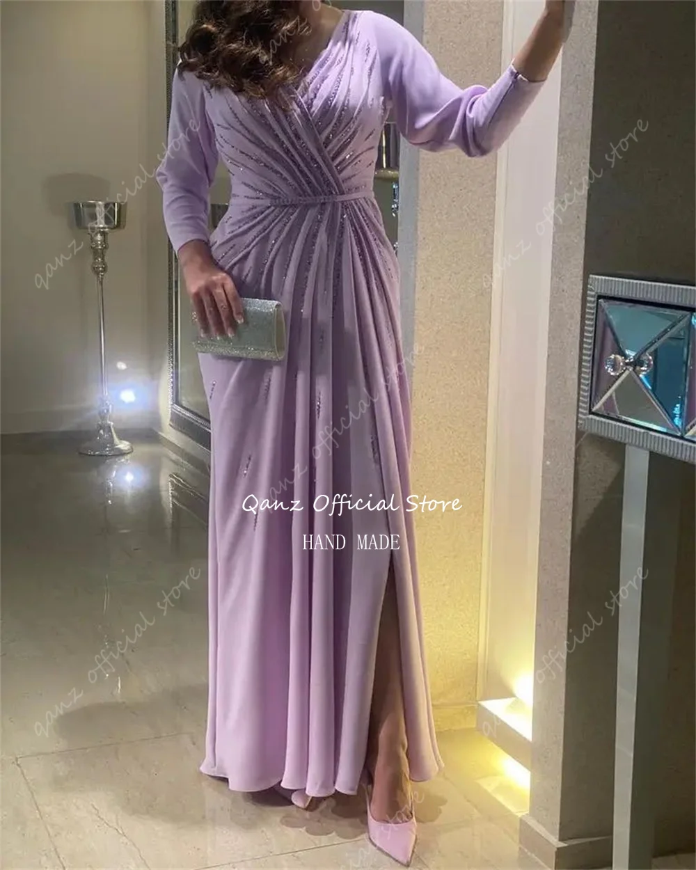 Qanz Glitter Lilac Evening Dresses Saudi Arabia Long Sleeveless Beads Formal Occasion Dresses Mermaid Prom Dress Customized