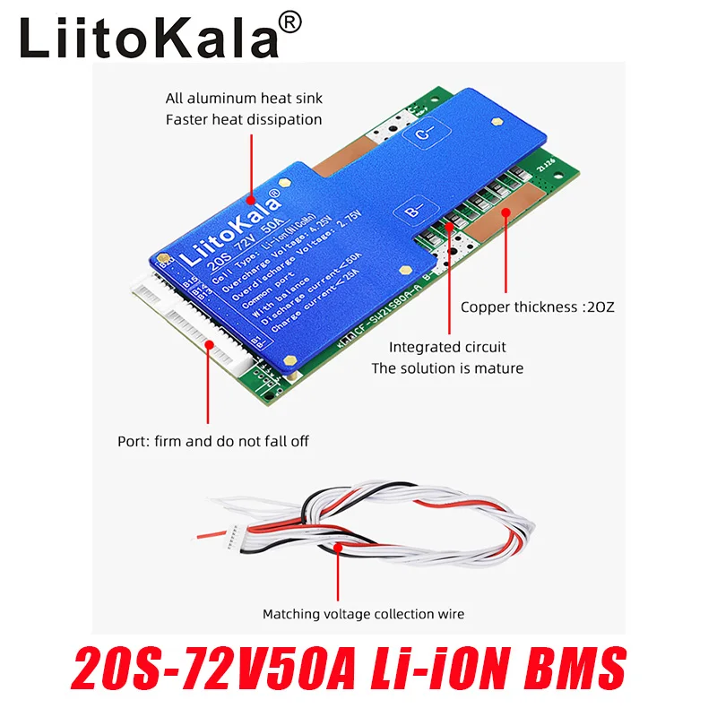 LiitoKala 20S-72V50A-BMS Balance Board 50A LiFePo4 Battery Pack with Drop Protection NTC 60V 72V for Lithium Battery E-bike