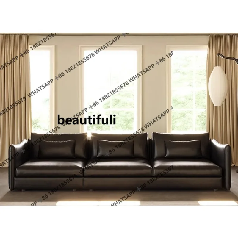 Leather sofa living room size apartment three-person simple combination straight row, down sofa