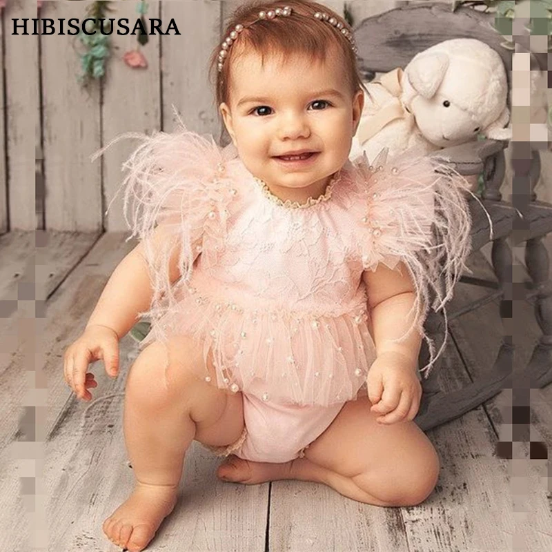 Fairy Newborn Photography Clothing Outfits Flamingo Feathers Infant Lace Dress Panties Pearls Headband 3pcs Sets Photo Costumes