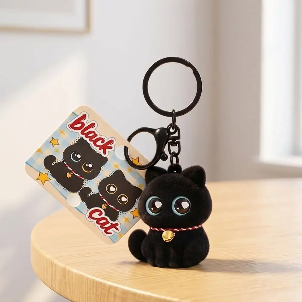 Funny Cartoon Animals Flocking Black Cat Keychain Small Cool Cat Key Ring with Bell Collar Cat Backpack Pendant Holiday