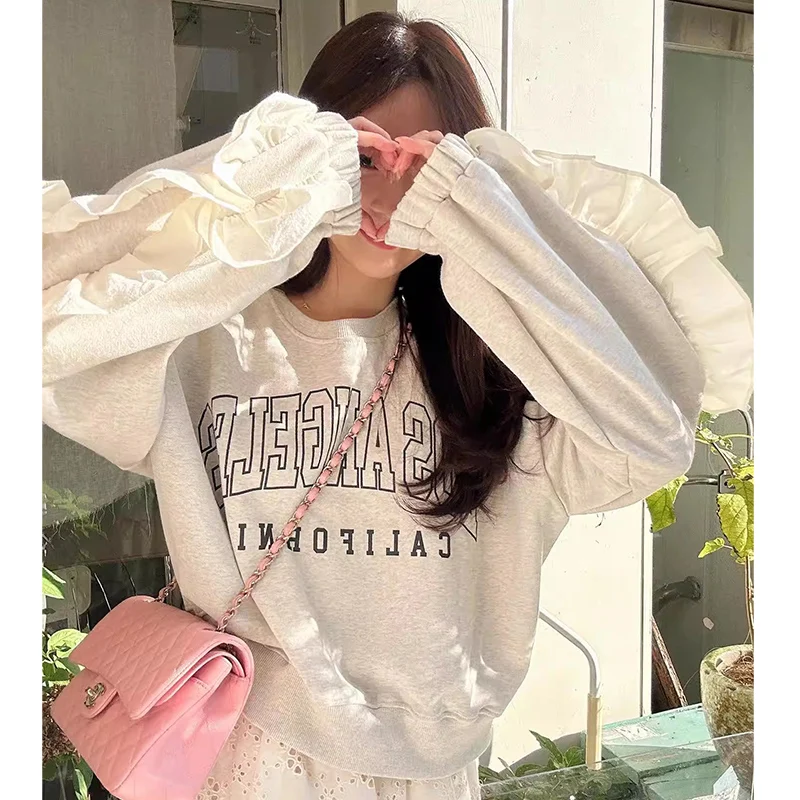 Chic Autumn Winter round Ne Letter Print Loose Fit Splice Long Sve Sweatirt Women's Faionable Agel Sle