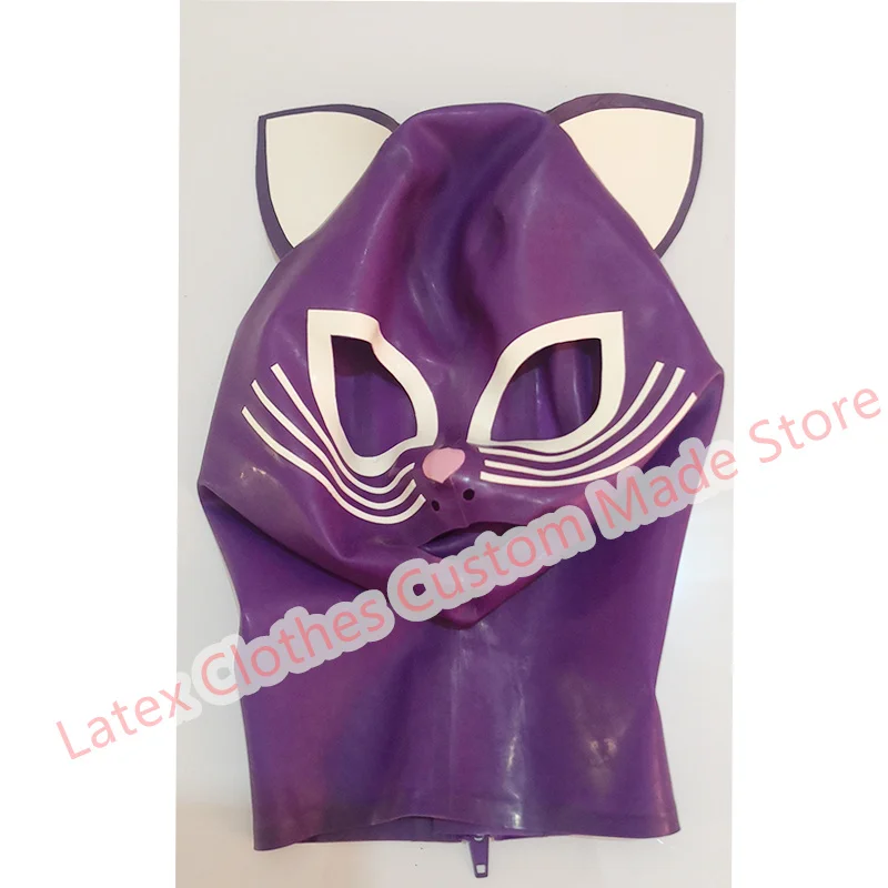 Cat Ear Latex Hood Purple with White Trim Rubber Masks Open Eye Mouth Rear Zip Customized 0.4mm Halloween Cosplay Costumes