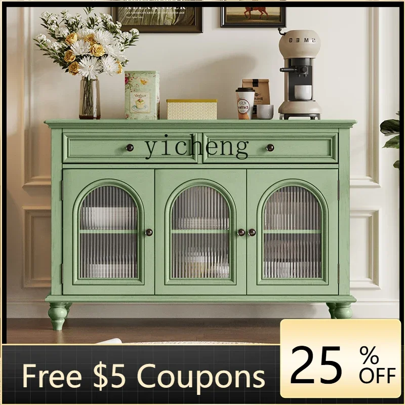 

GZ American solid wood arch retro green dining side cabinet integrated against the wall French wine cabinet