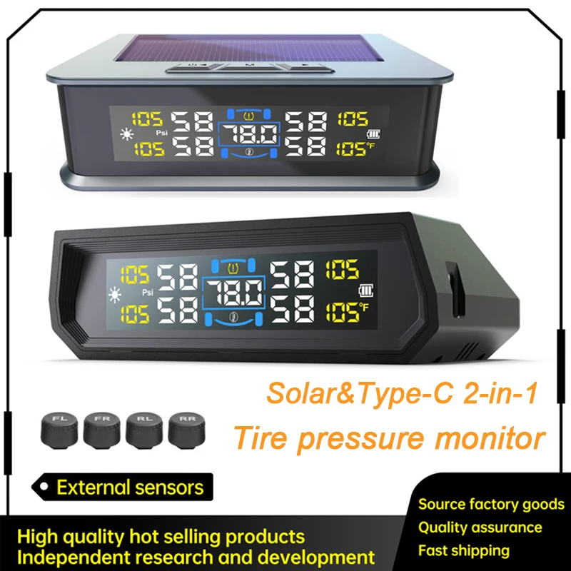 Tpms Tire Pressure Monitoring System Car Safety Alarm System with Color Digital Display Wireless Solar/type-C Powered 4 Sensors