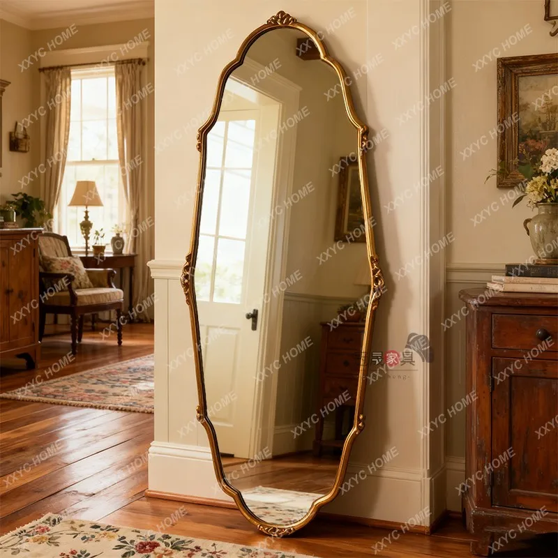 Vintage full-body mirror, wall-mounted carved oval entrance mirror, bedroom fitting mirror, full-length mirror