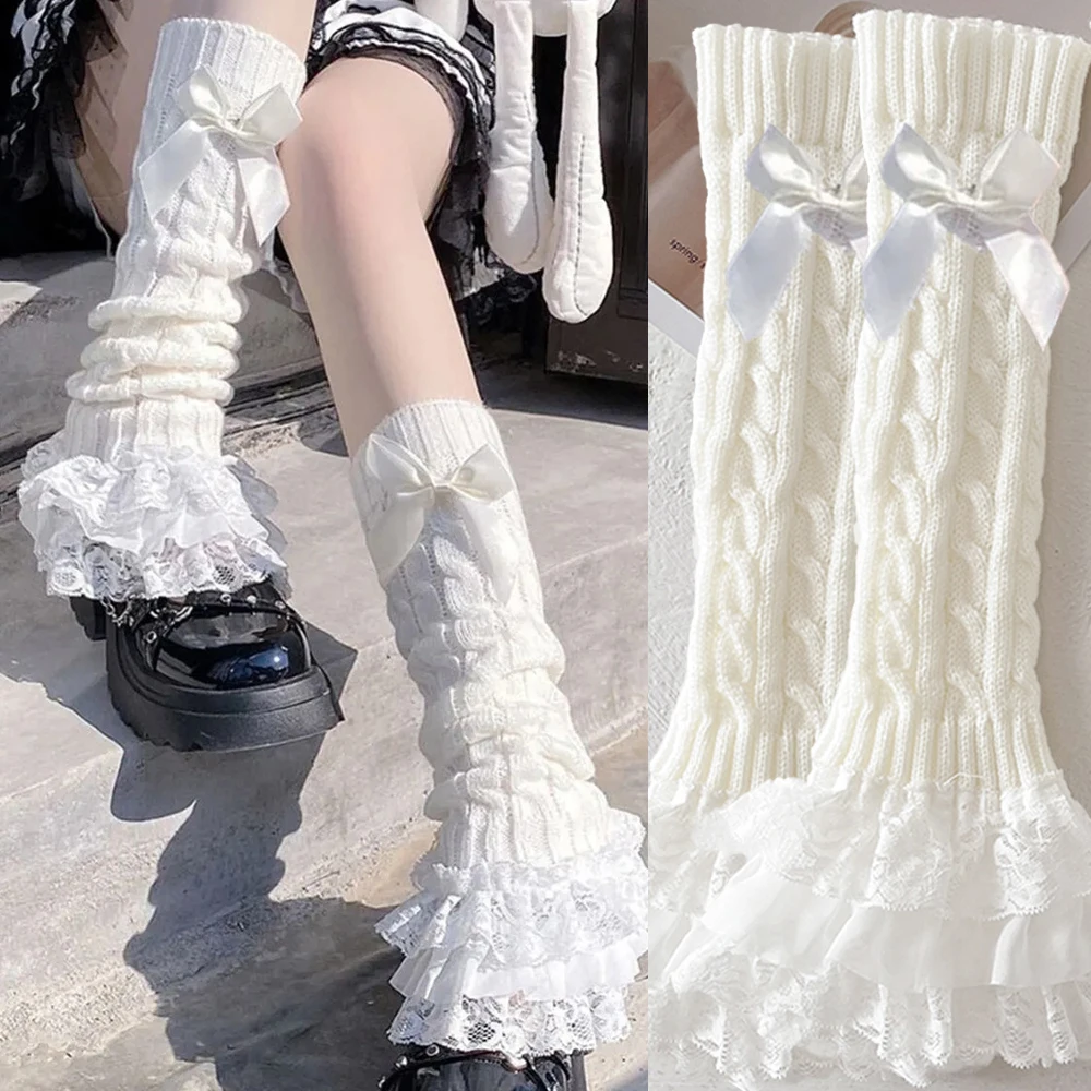

Autumn Winter Leg Warmers Sweet Lace Mid-calf Socks Japanese Women Cable Knitted Leg Warmer Bow Tiered Ruffled Lace Calf Socks