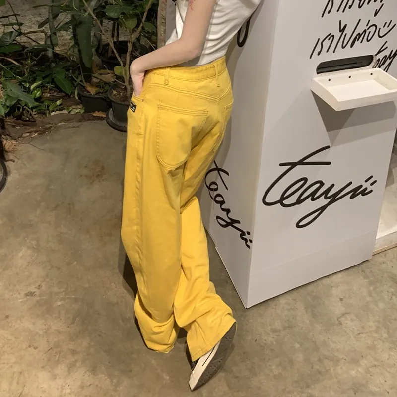 GUUZYUVIZ-Straight Baggy Jeans for Women, Vintage, Casual, Denim, Wide Leg Pants, Loose Trousers, Yellow, Ladies Fashion, Y2K