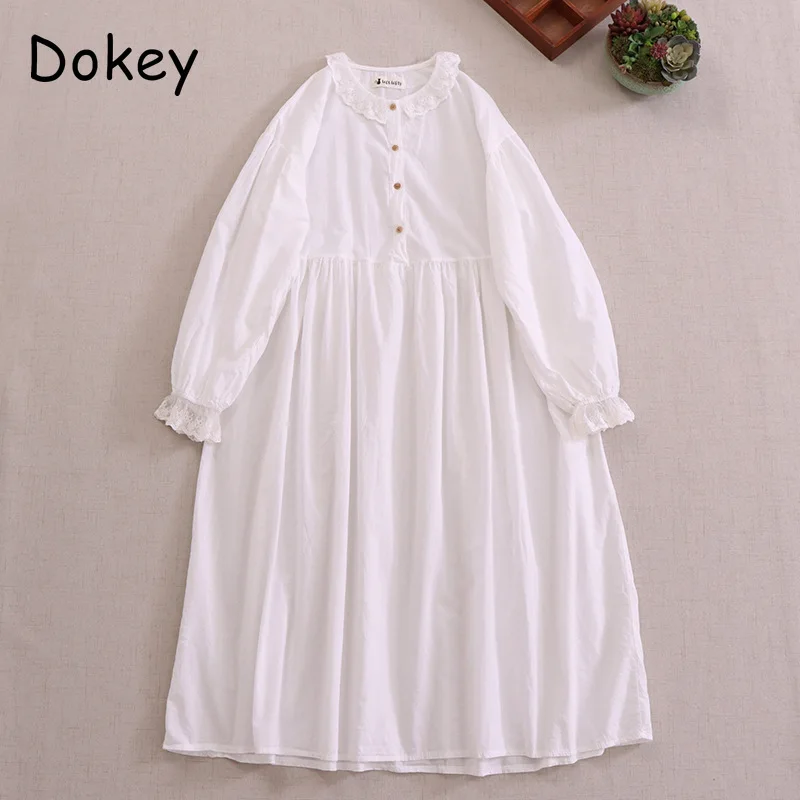 Vintage Doll Collar Cotton Linen Long Dress Women Spring Summer Japanese Mori Solid Long Sleeve White Pullover Dress Loose Robe