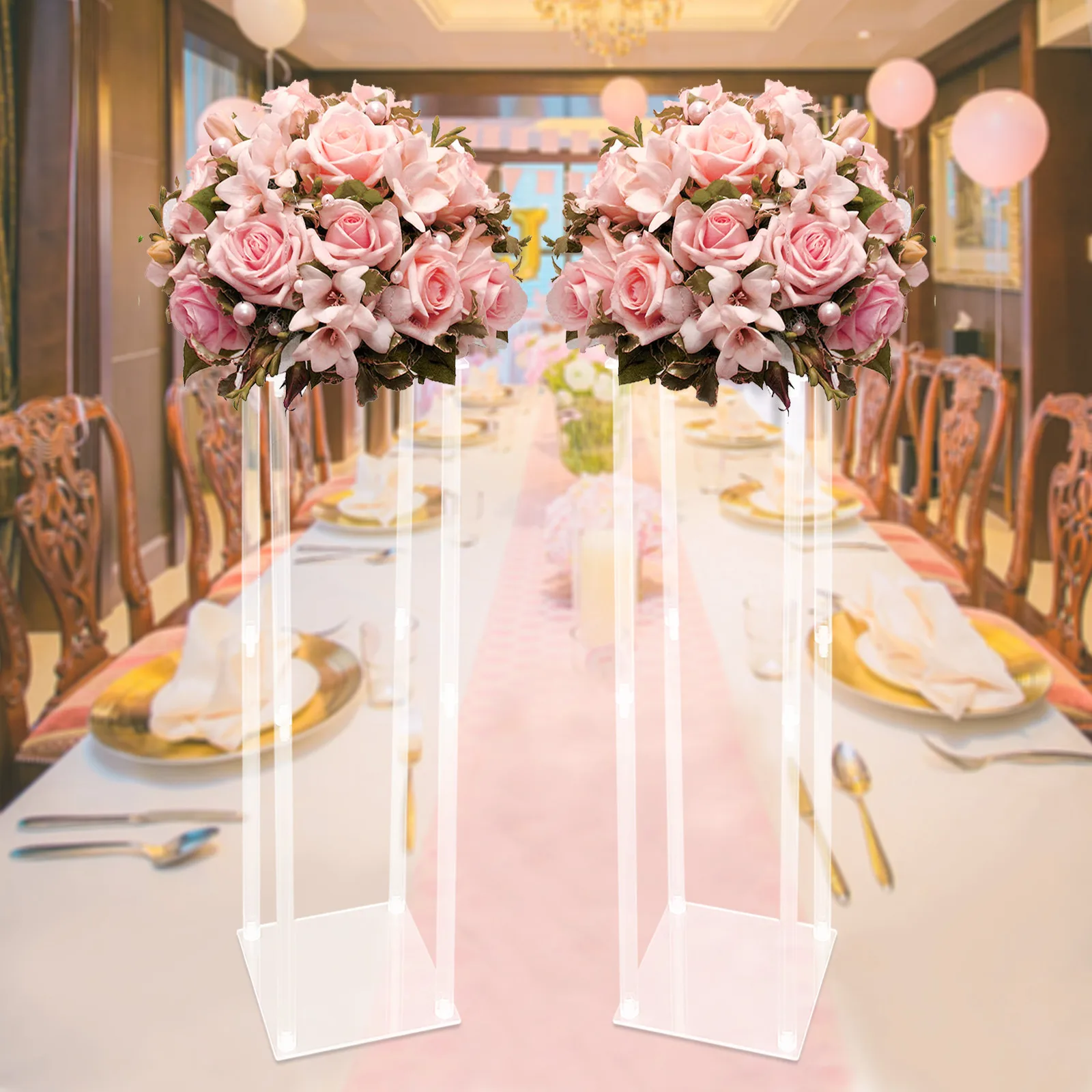 

2PCS 25*25*100cm Free-standing Acrylic Flower Stand Column Vase Centerpieces Clear Wedding Decoration with Two-section Rod