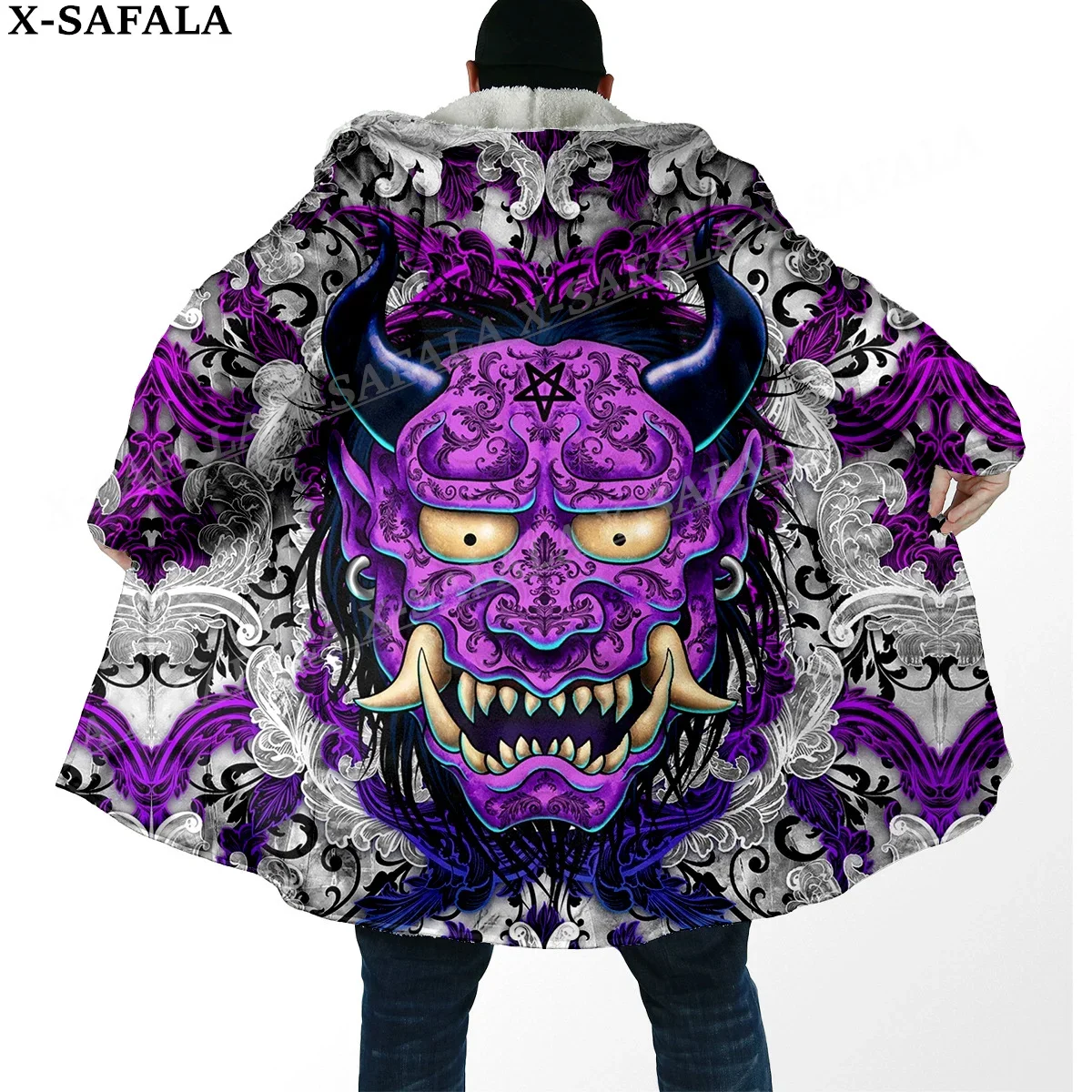 

Japanese Art Samurai Mask Tattoo Print Thick Warm Hooded Cloak Men Overcoat Coat Windproof Fleece Cape Robe Hooded Blanket-1