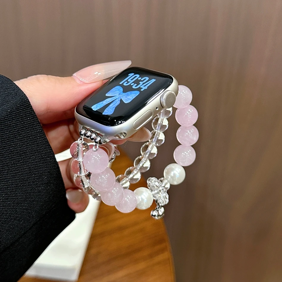 Tali untuk Apple Watch Band S11/10/9/8/7/SE/Ultra IWatch 49/46/45/44/42/41/40/38mm Gelang Elastis Kristal Manik-manik Kristal Modis