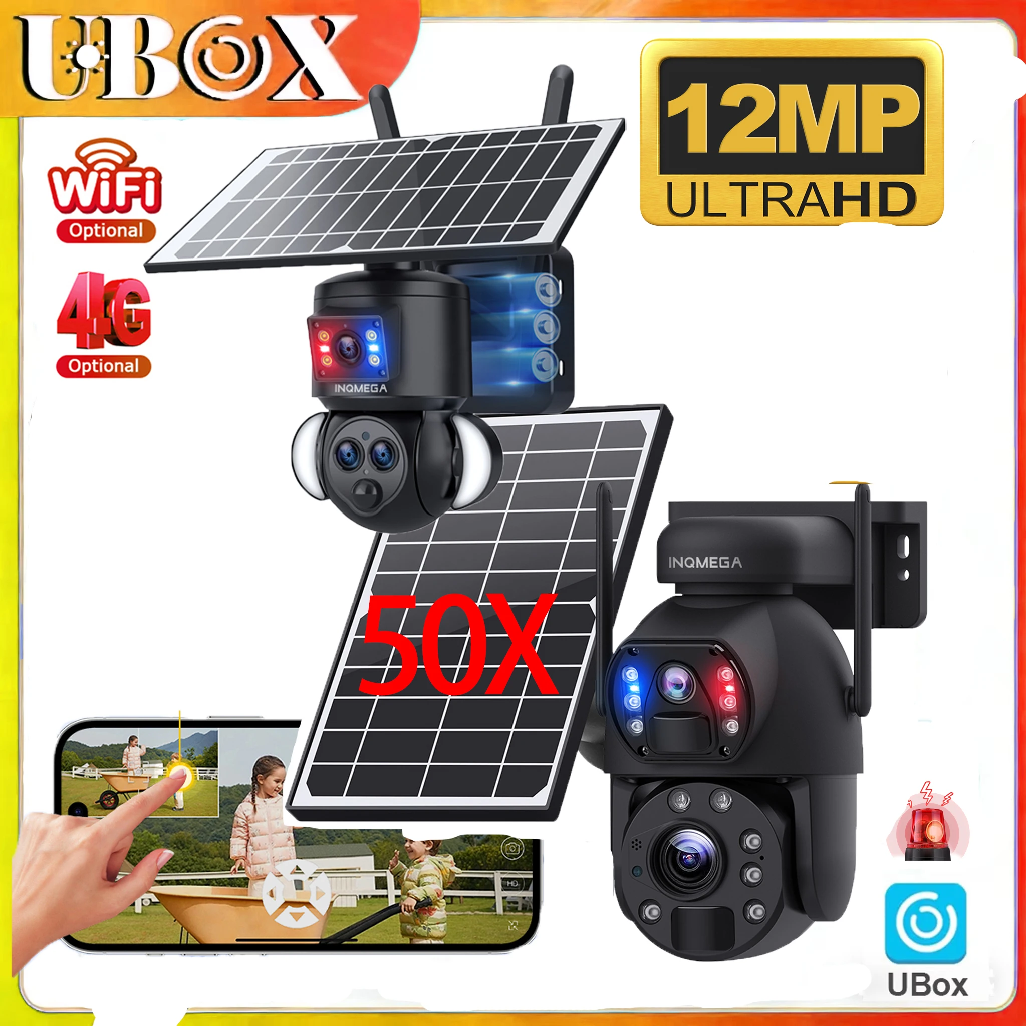 INQMEGA 50X ZOOM 12MP 4G SIM Solar Camera Outdoor 360° Wireless WIFI Battery Security Cameras with Solar Panel PIR Night Vision