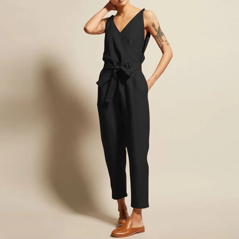 2023 Summer New Casual Fashion Lady Office Sleeveless Jumpsuit V-neck Belt Elegant Slim Comfortable Simple Temperament Jumpsuit