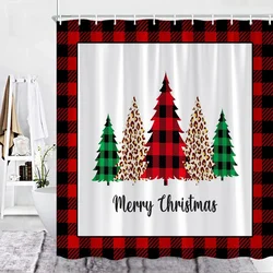 Farmhouse Christmas Shower Curtain Set Red Black Buffalo Checkered Border Xmas Tree New Year Decor Fabric Hook Bathroom Curtains