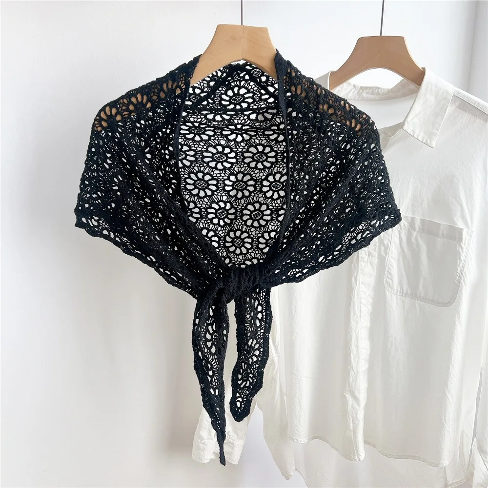 

Retro Fake Collar Knitted Triangle Scarf Ethnic Style White Hollow Out Lace Shawl Korean Style Cape Fart Curtain Women