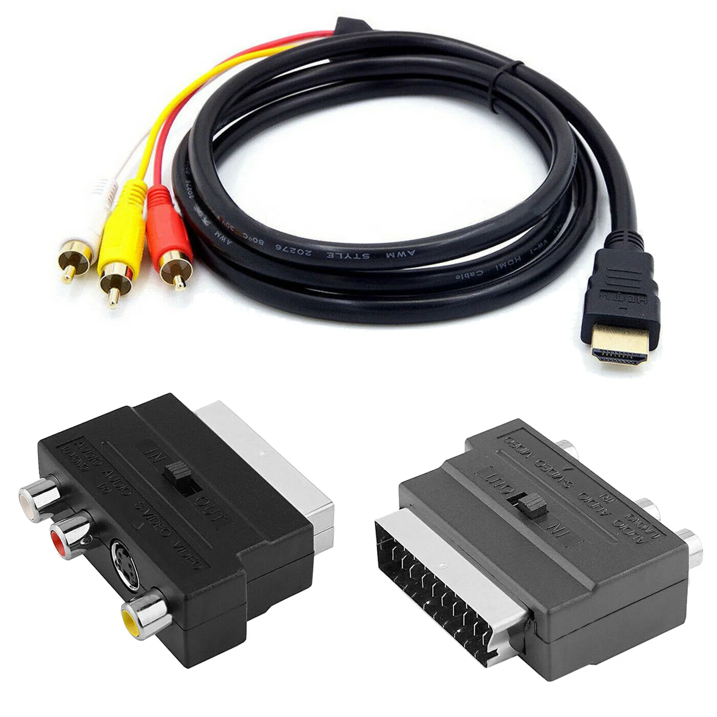 1080P HDMI-Compatible Male S-Video To 3 RCA AV Audio Cable W/SCART To 3 RCA Phono Adapter