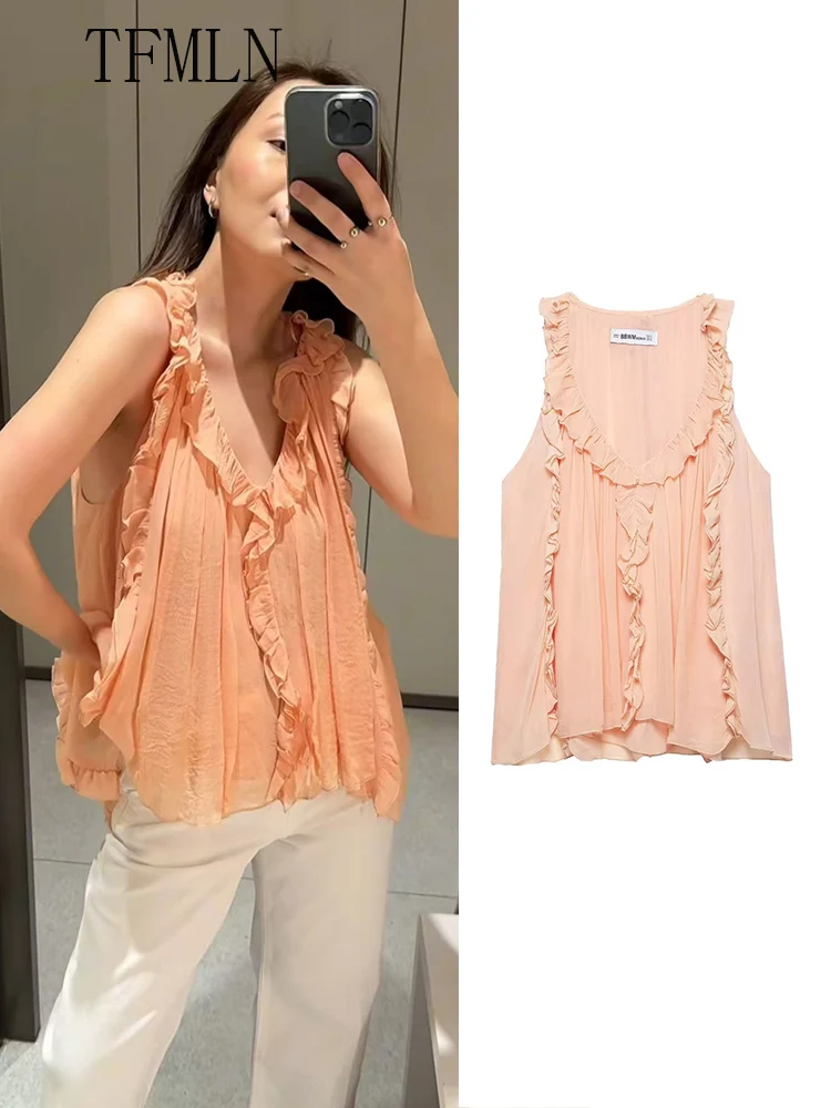 

TFMLN Elegant 2025 Women's Ruffles Tops Sleeveless V Neck Tank Tops For Women Casual Fashion Summer High Street Women Top