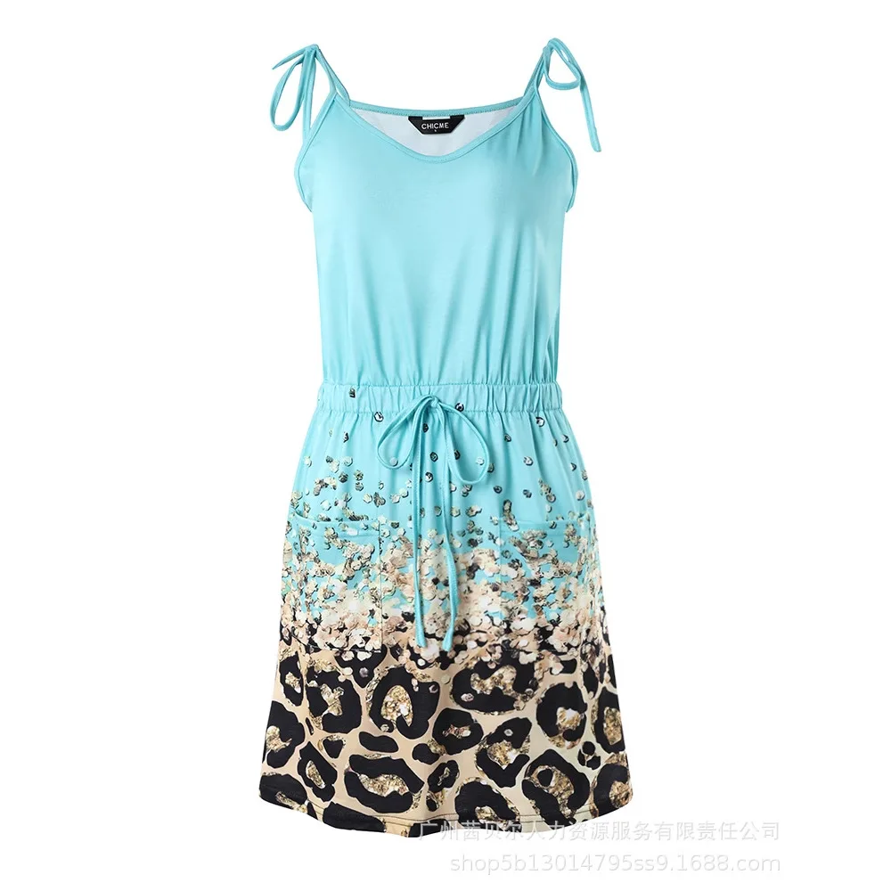 فستان كاجوال بحزام مطبوع صيفي للنساء بدون أكمام كاميس فستان كاجوال صغير عالي الخصر نحيف يناسب ملابس الشارع الشهير فستان برقبة دائرية