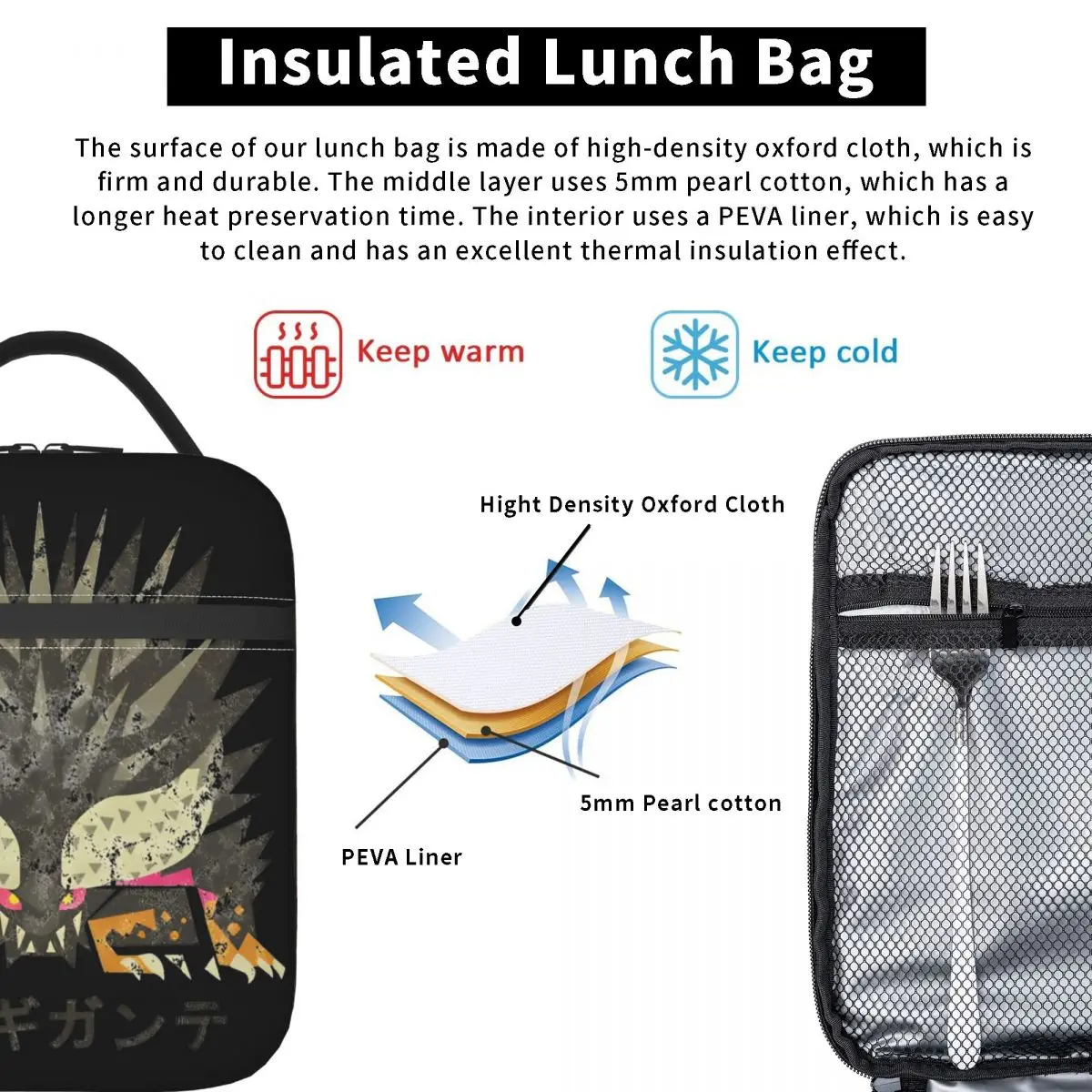 Monster Hunter World Nergigante Kanji Symbol wärme isolierte Lunch Bag Spiel tragbare Bento Box Thermo kühler Food Box