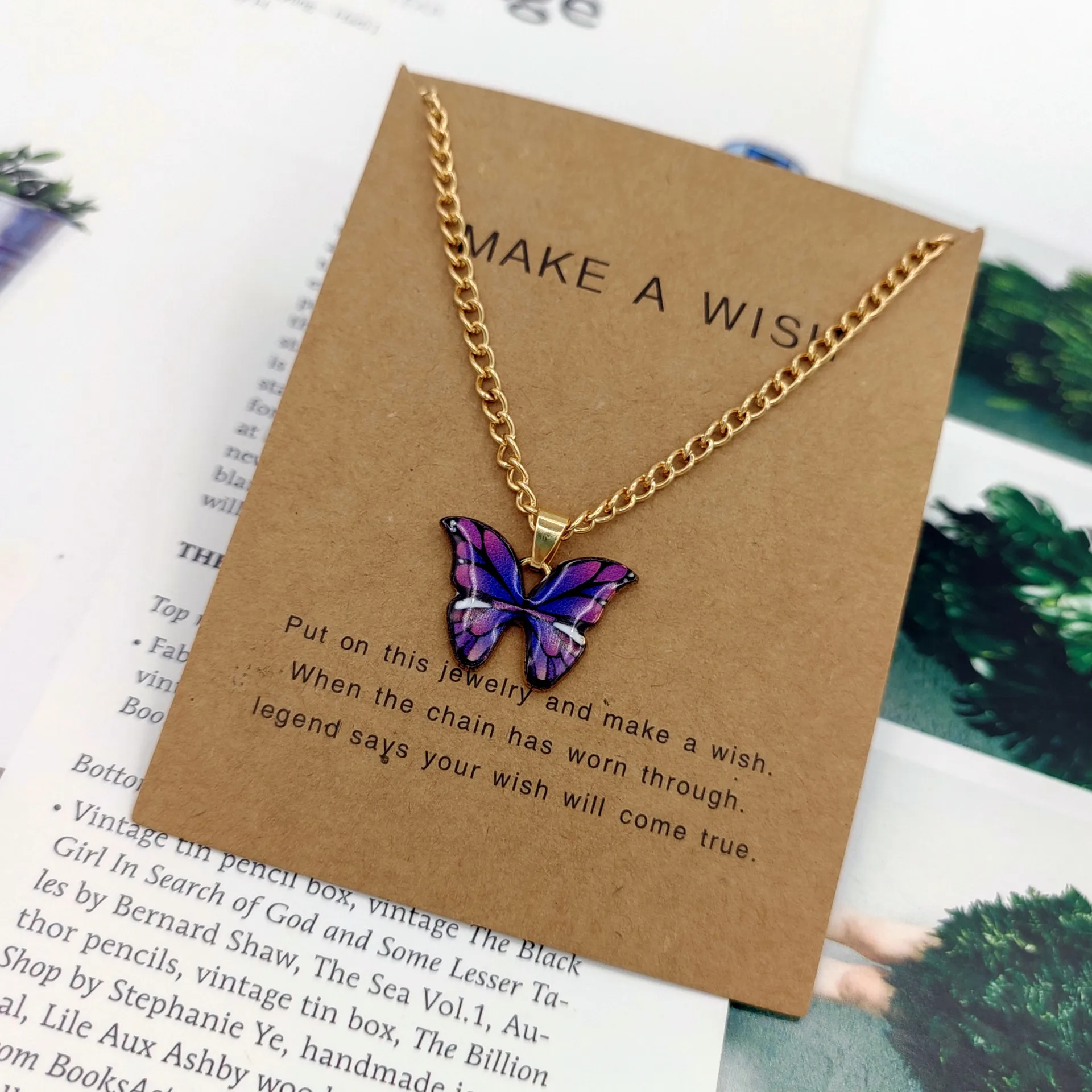 New Trendy Alloy Cute Pendant Necklaces Bohemian Elegant Butterfly Make A Wish Card for Women Fashion Jewelry Dropship