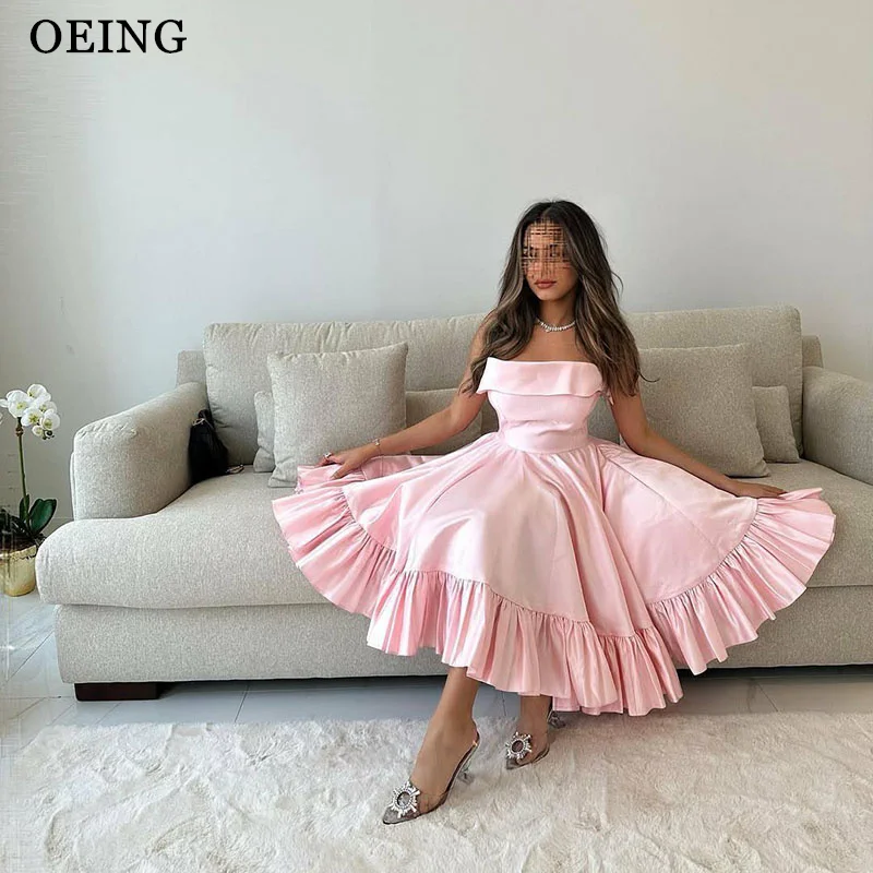 

OEING Light Pink A-Line Princess Prom Dresses Strapless Pleats Sleeveless Satin Mini Sexy Party Gowns Dress 2025 Customized