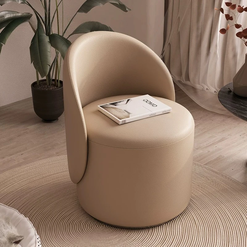 Minimalist Round Vanity Stool Makeup Chair 360° Swivel Bedroom Dressing Stool Faux Leather Luxury Ottoman Nail Salon Entryway