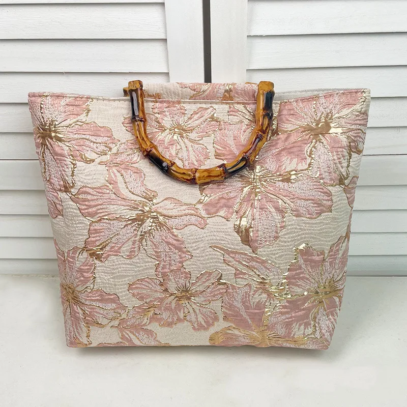 

1pcs New Chinese Style Tote Bag Double-sided Embroidery Handmade Large Capacity Canvas Commuting To Work Plastic Bamboo Festival