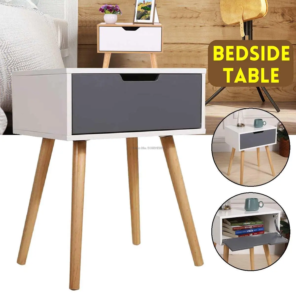 

Wooden Bedside Table With Drawers Storage Sofa Corner Table Lazy Reading Coffee Table For Living Room/Bedroom 50.5x49.5x28.5cm