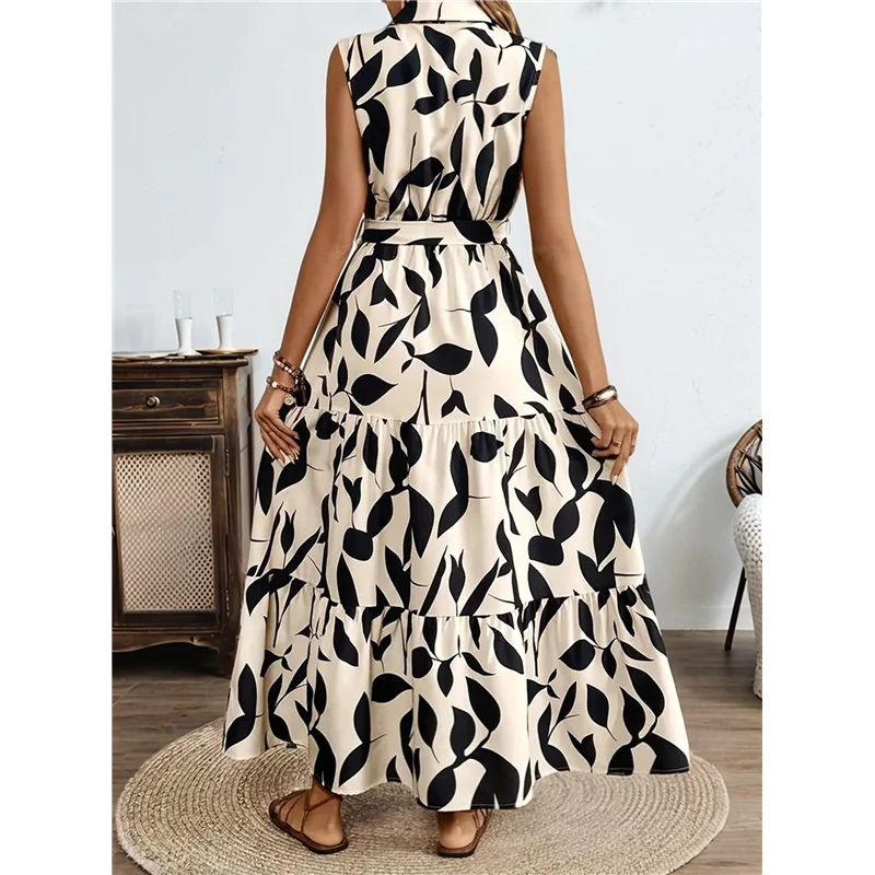 【Feestdecoratie】Dames zomer maxi-jurk met bloemen, knoopsluiting, kraag, taille, gelaagde ruches, mouwloze boho-jurken