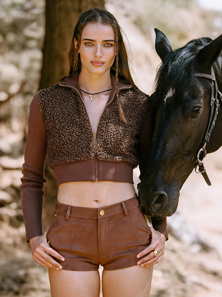 

Leosoxs Elegant Polar Fleece Patchwork Jacket Women Ribbing Zip Fall Trend Full Sleeve Simple Wild Stretch Skinny Crop Coat