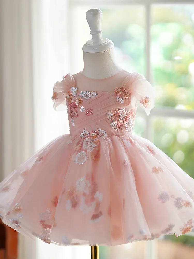 Robe Tutu de Princesse pour Petite Fille, Tenue de Soirée à Fleurs, Paillettes, Perles, Rose Aviation, pour Enfants