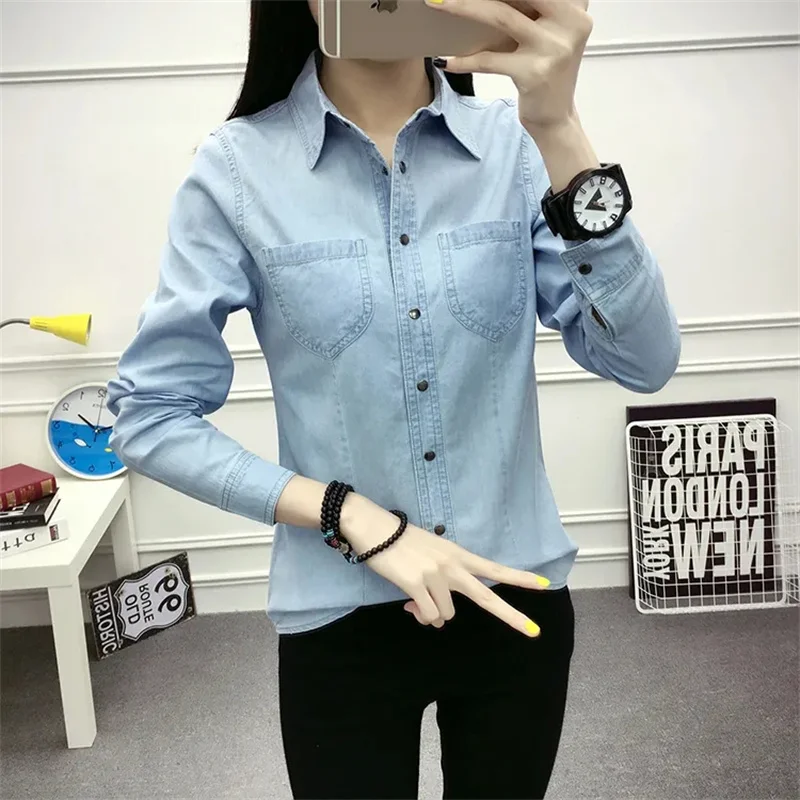 Denim Shirt Women Pring Autumn Long Sleeve Cowboy Blouse Female Student Cardigan Coat Ladies Fashion Tops