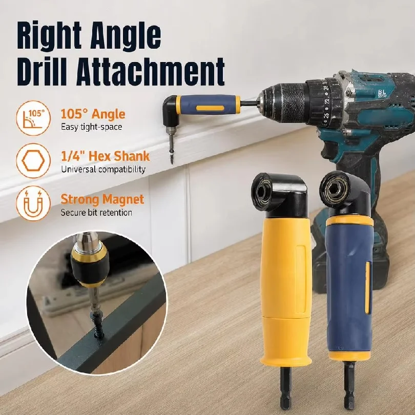 105 Degree Magnetic Right Angle Drill Attachment Vanadium Steel 1/4‑Inch Hex Shank Angle Driver Bit Adapter for Narrow Corner