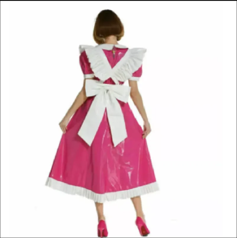 Rose Red Thin PVC Girl Flip Collar Dress with White Apron Back Folding Fetishism Sexy Girl Adult Giant Baby Bow Cross Party Dres