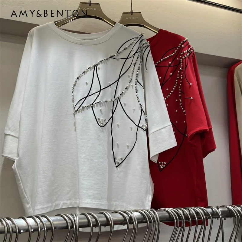 

2026 Spring O-Neck Short Sleeves Tees Heavy Industry Beading Embroidery Design Short Loose Tees Fashion Versatile Casual T-shirt