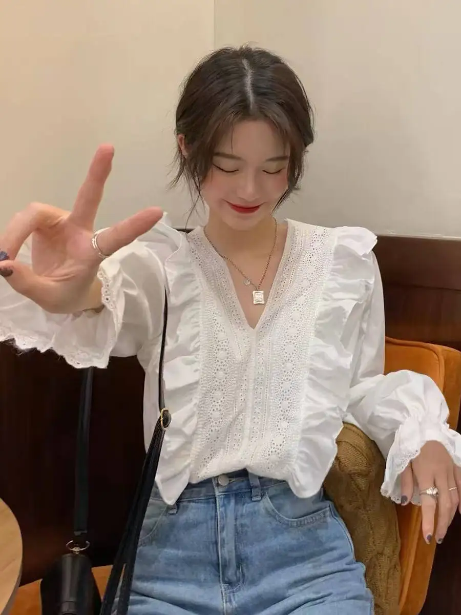 

Ele V-Ne Блузка с кружевной отделкой, женская весна-лето, дизайн Sensation, свободный крой, длинный топ Sve Court Sle