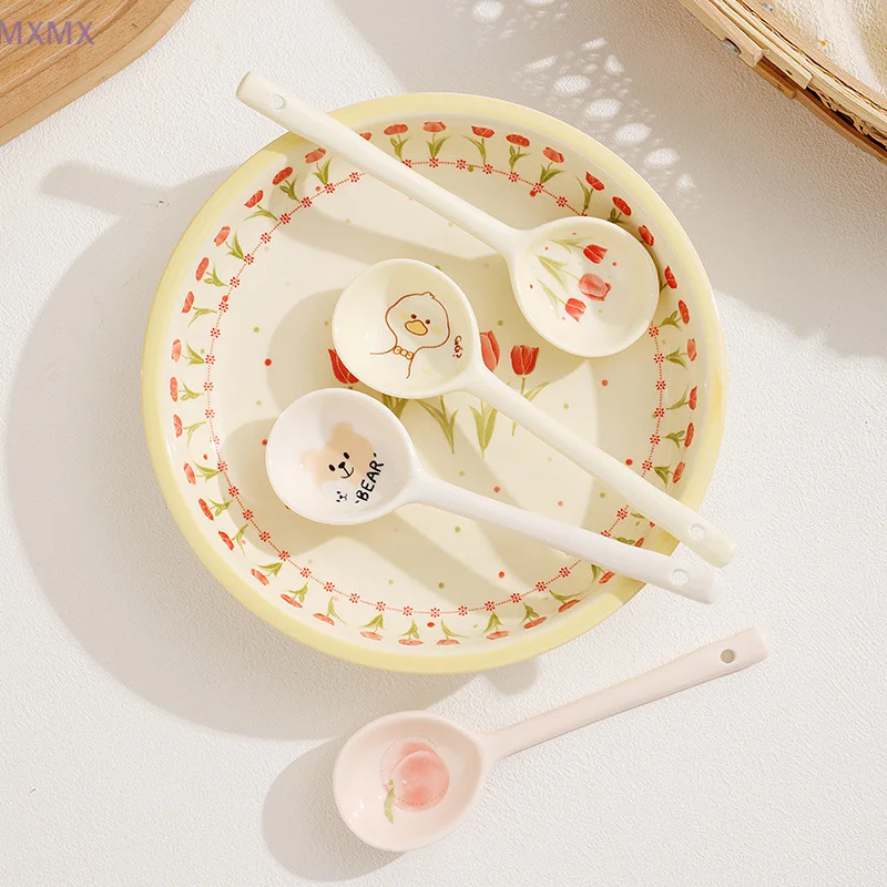 Cute Underglaze Ceramics Spoon Long Handle Stirring Spoon Candy Color Dessert Soup Cutlery Portable,Kitchen Utensils Supplies