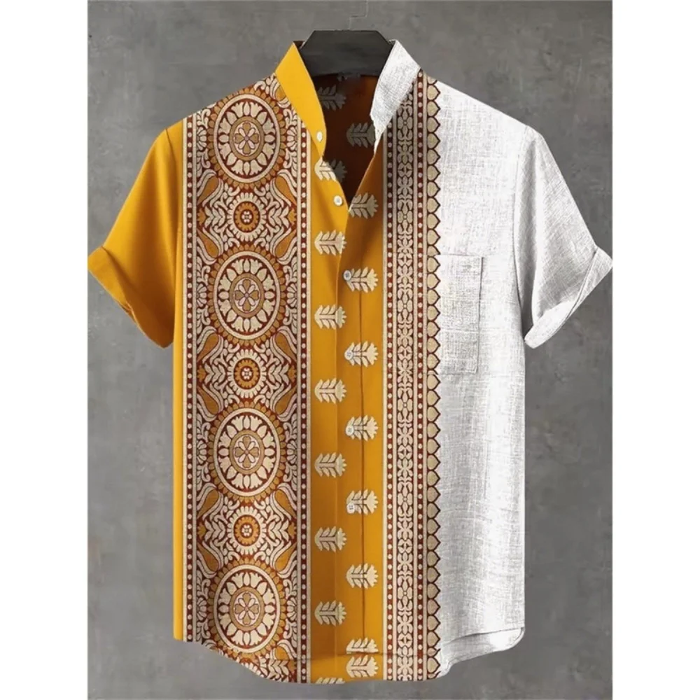 

Men's Ethnic Tribal Print Short Sleeve Shirt Stand up Collar Button Pocket Design Retro Streetwear High-Quality Top