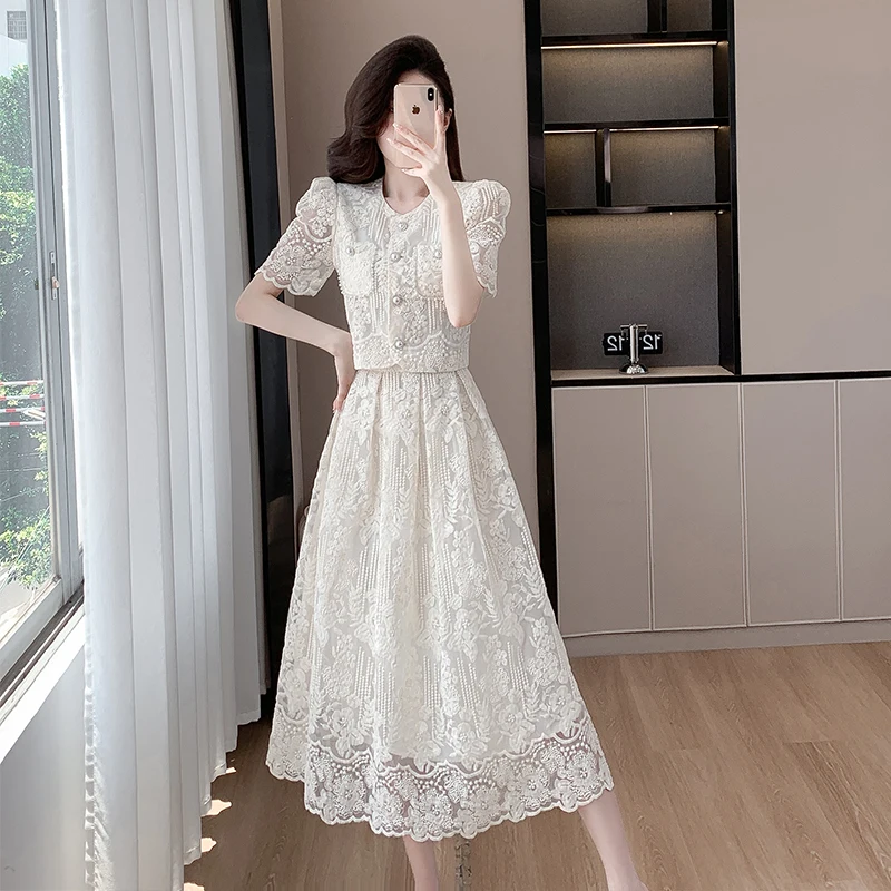 

New High-End Beaded Crochet Hook Lace Women Set Short Embroidery Top + High Waist Big Swing Long Skirts