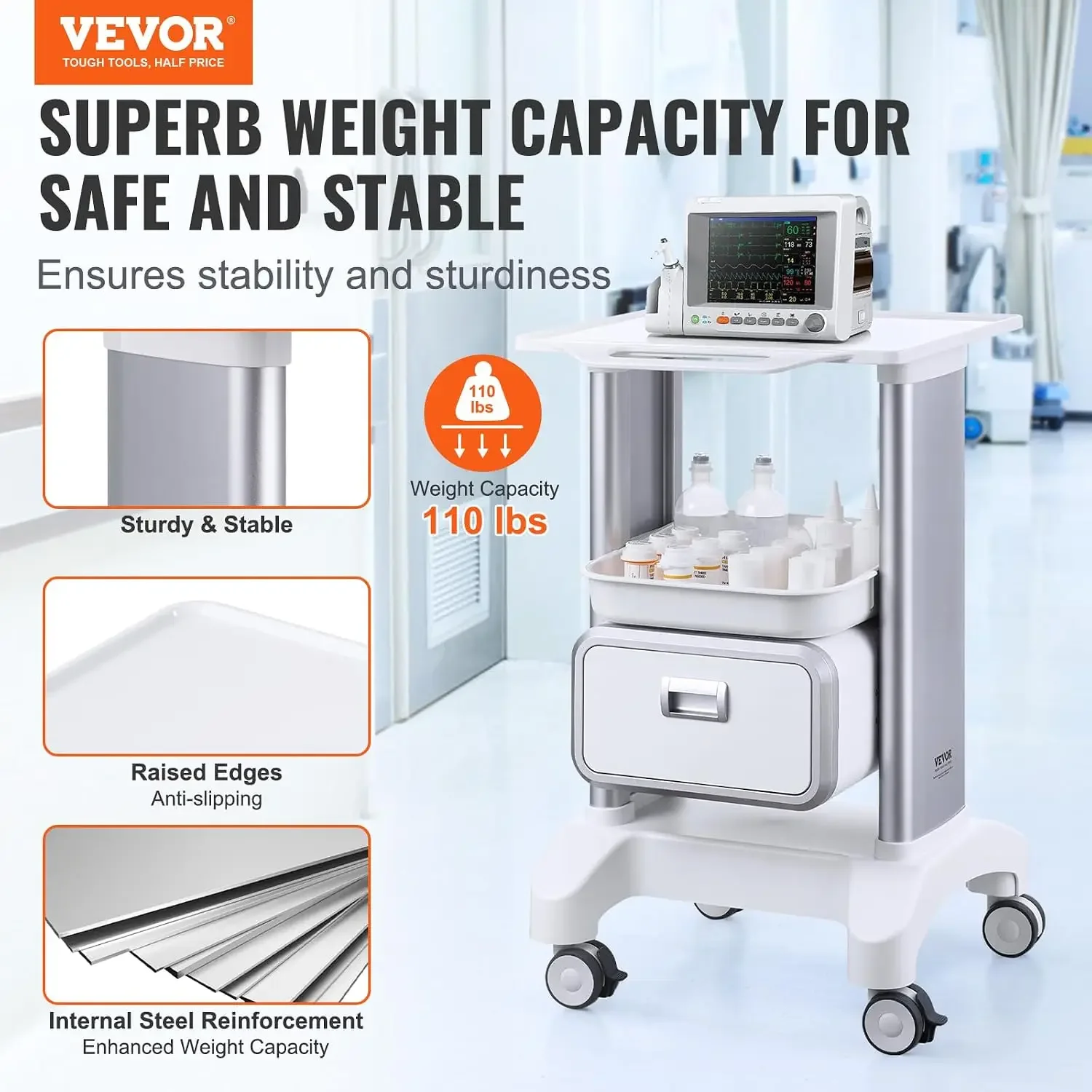 Medical Trolley Storage Cart with Removable Drawer, Rolling Lab Tray Cart with Wheels for Ultrasound, Dental Clinic, Lab, Beauty