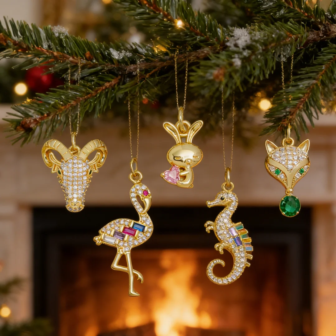 6Pcs Pendants Brass Color Zircon Animal Charms for Diy Jewelry Necklace Bracelet Making Sheep Head Rabbit Fox Crane Accessories