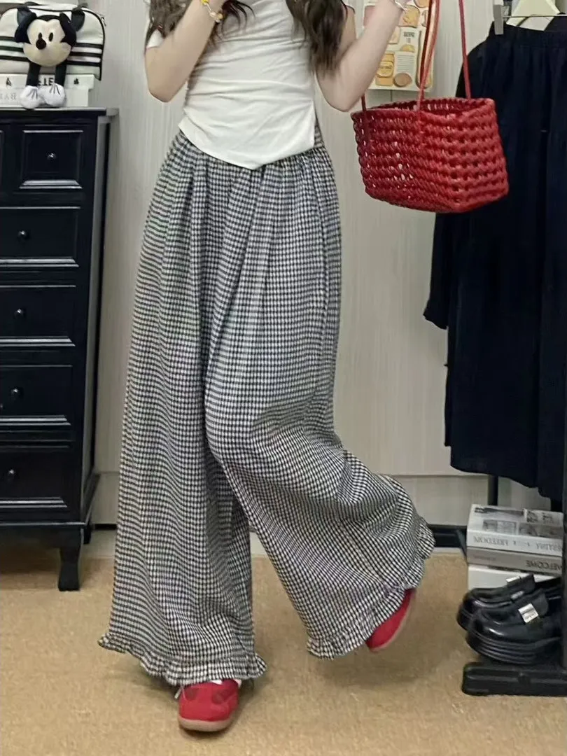 Pantalones de pierna ancha adelgazantes Algodón Lino Encaje a cuadros Madera ain Ear Primavera Verano Casual Pantalones largos de cintura alta Faionable Mujer...