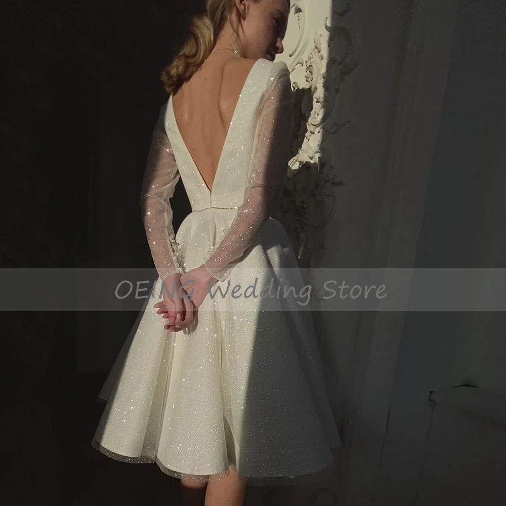 Short Wedding Dress Sparkly White Deep V Neck A Line Simple Wedding Gown For Women 2022 Bride Long Sleeves Simple Bridal Dresses