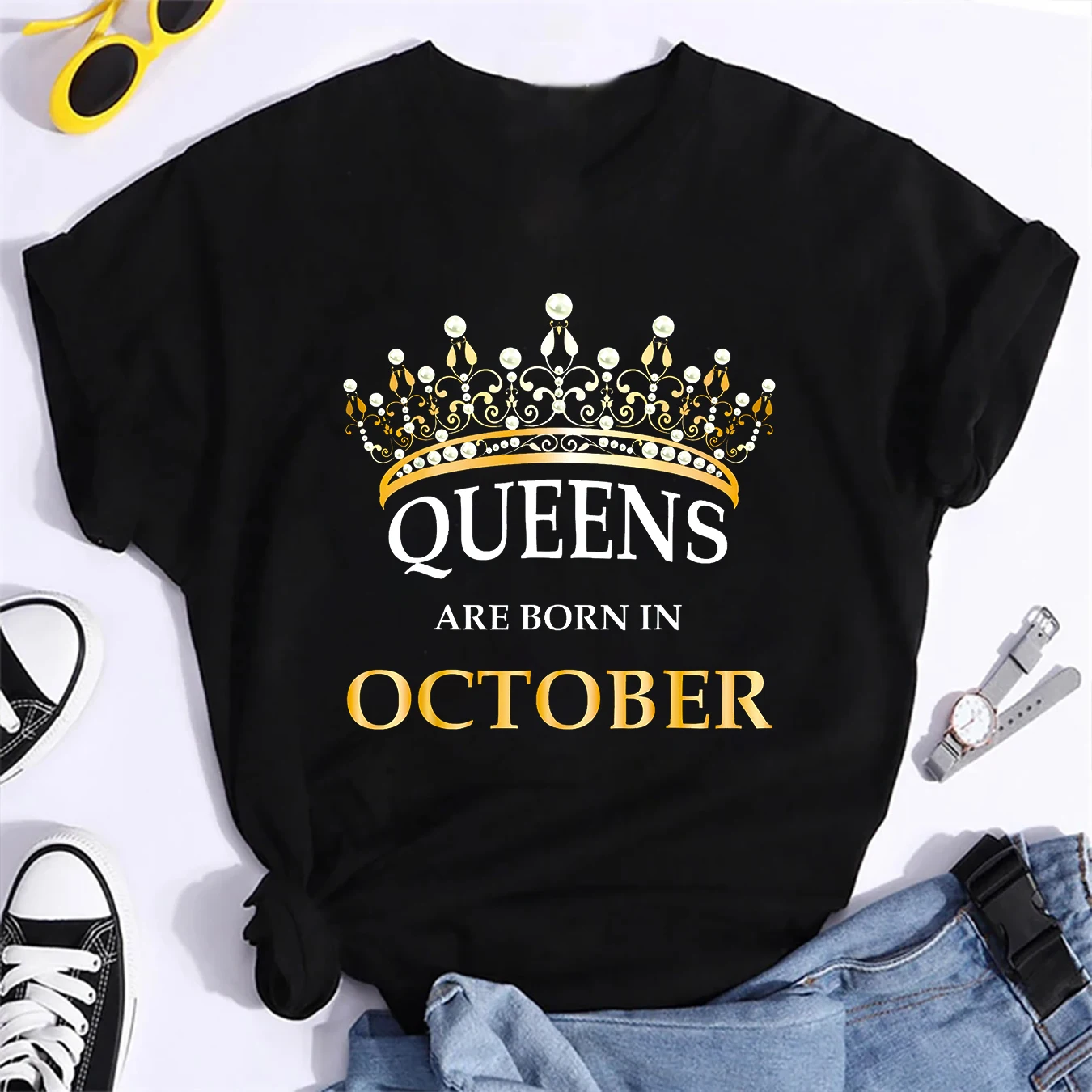 Women's Queens Are Born In October Birthday Gift Casual Short Sleeve Printed Summer T-Shirt Oversized T Shirt