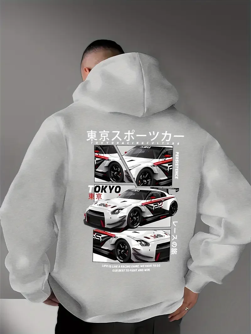 Hinter den Elementen der japanischen Tokyo Motor City steckt ein großformatiger, bedruckter Herren-Kapuzenpullover im lässigen Street-Style, ein Sweatshirt. – Detail 11