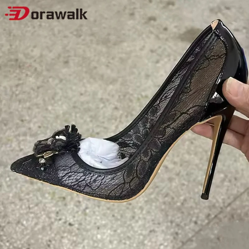 

12/10/8cm Mesh Marriage Party Shoes For Woman Flower Decor High Heel 12cm Pearl Pumps Ladies Elegant Dress Mujer Big Size45