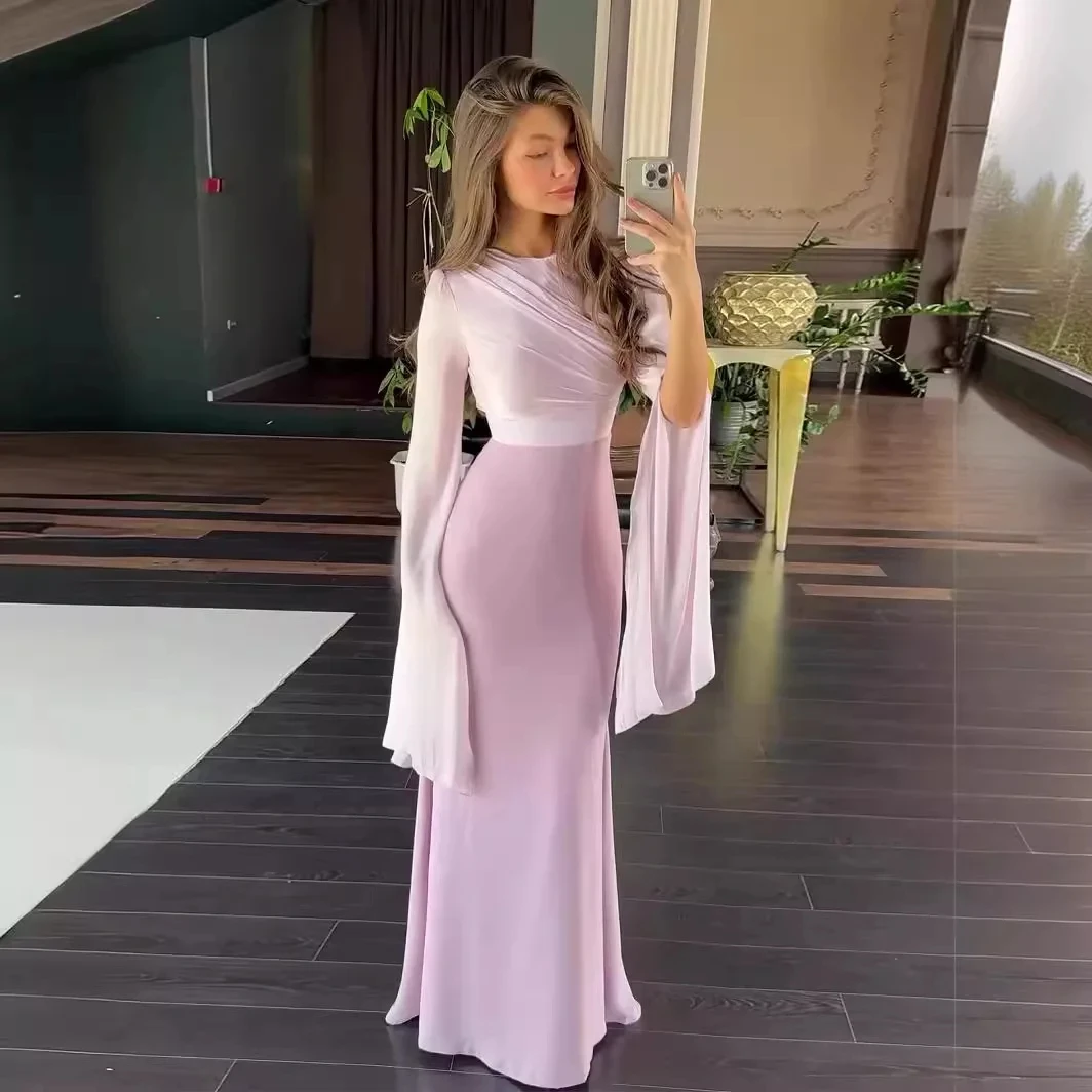 Putao Elegant Long Chiffon Pleated Evening Dresses With Sleeve Sheath Ivory Middle East Floor Length Prom Party Dress for Women